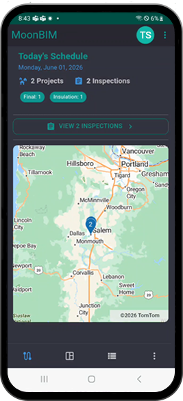 MoonBIM mobile app showing inspector route and stops