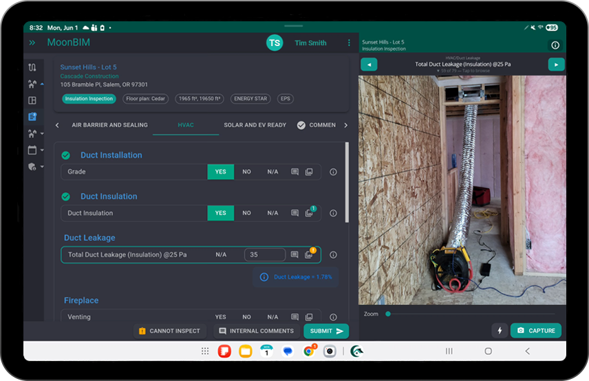 MoonBIM tablet inspection view showing stop details and inspection form